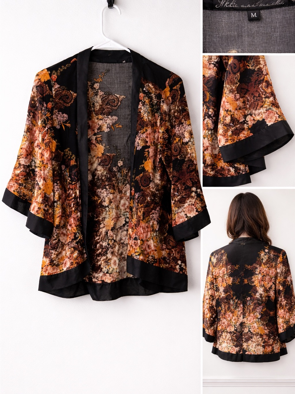 Floral Satin Kimono Jacket in Black and Burnt Orange